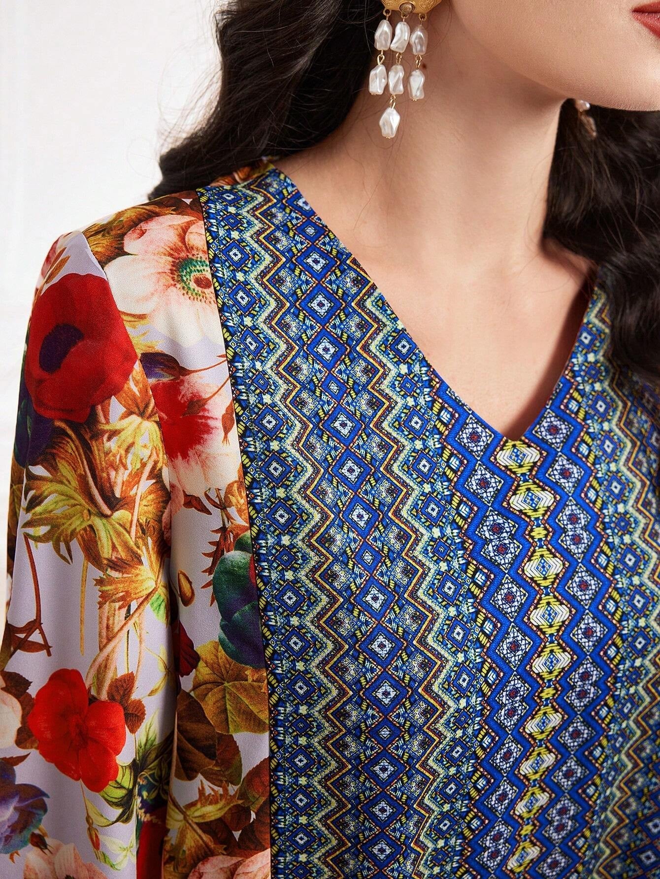 Najma Floral Print V Neck Flounce Sleeve Dress