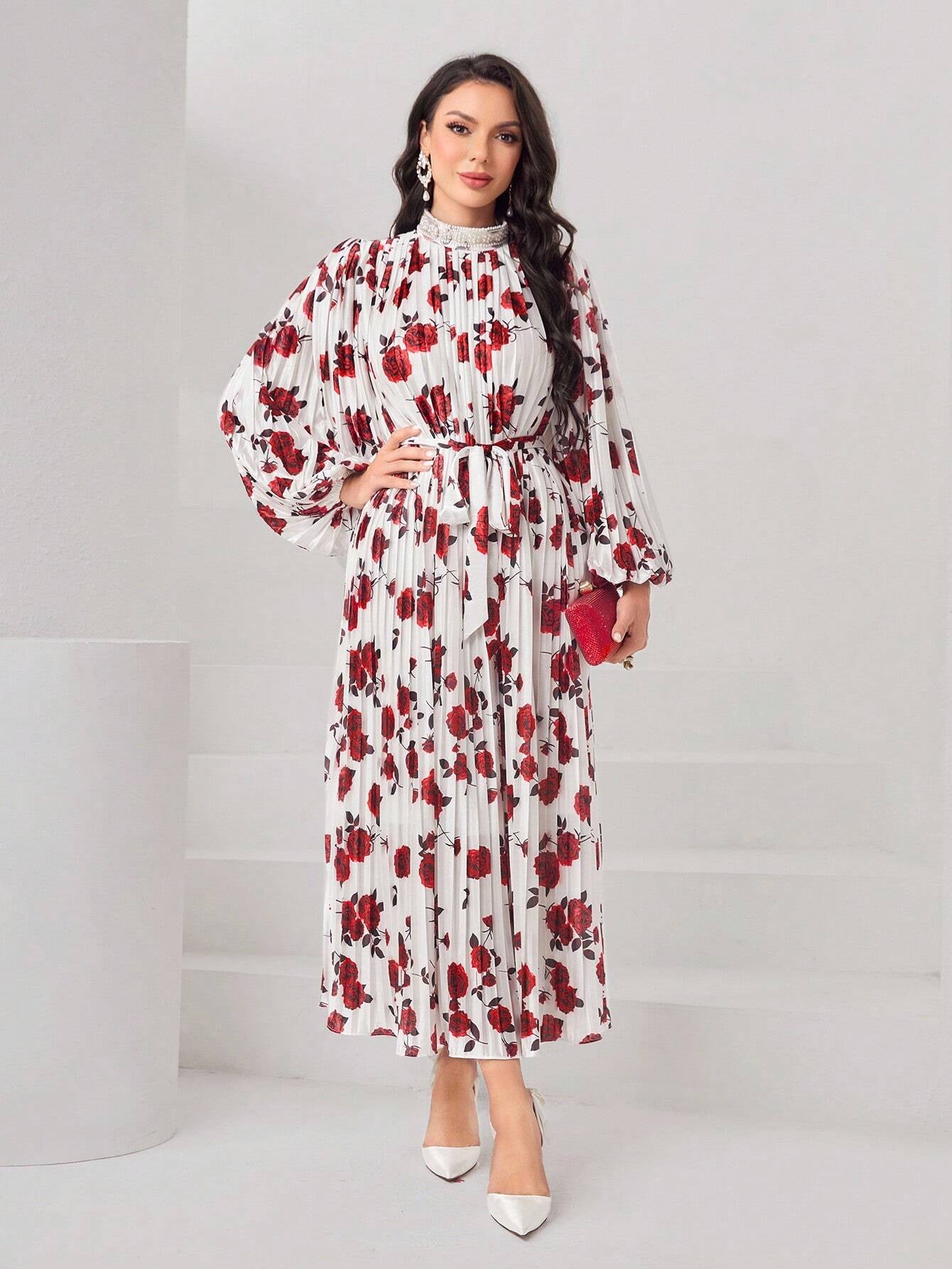 Modely Women'S Stand Collar Lantern Sleeve Floral Print Dress with Pleated Hem