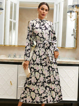 Clasi Ladies' Floral Print Deep Belted Long Sleeve Dress