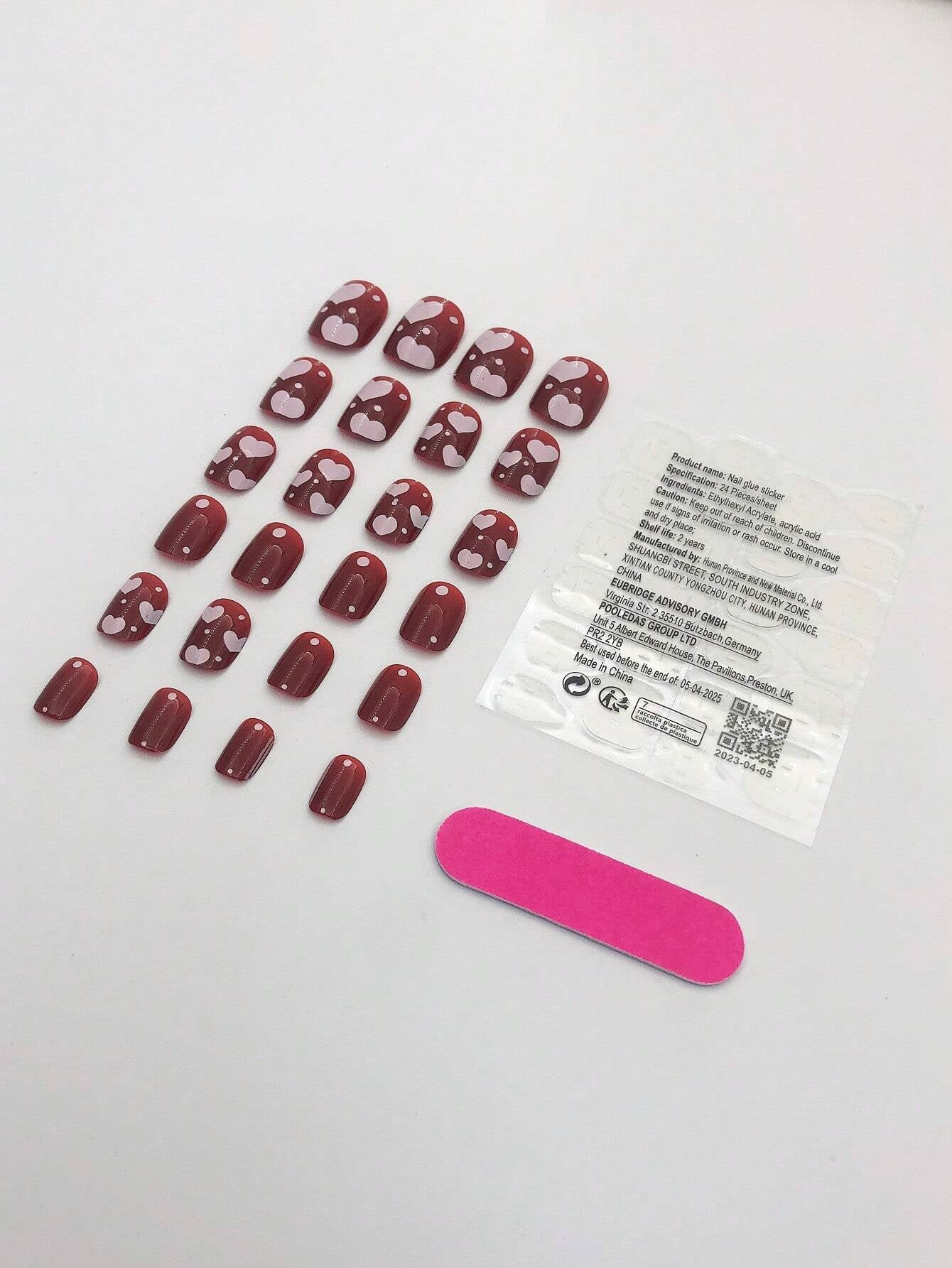 Elevate Your Style with 24Pcs Short Square Bright Red White Heart Pattern Full Cover Fake Nail Set
