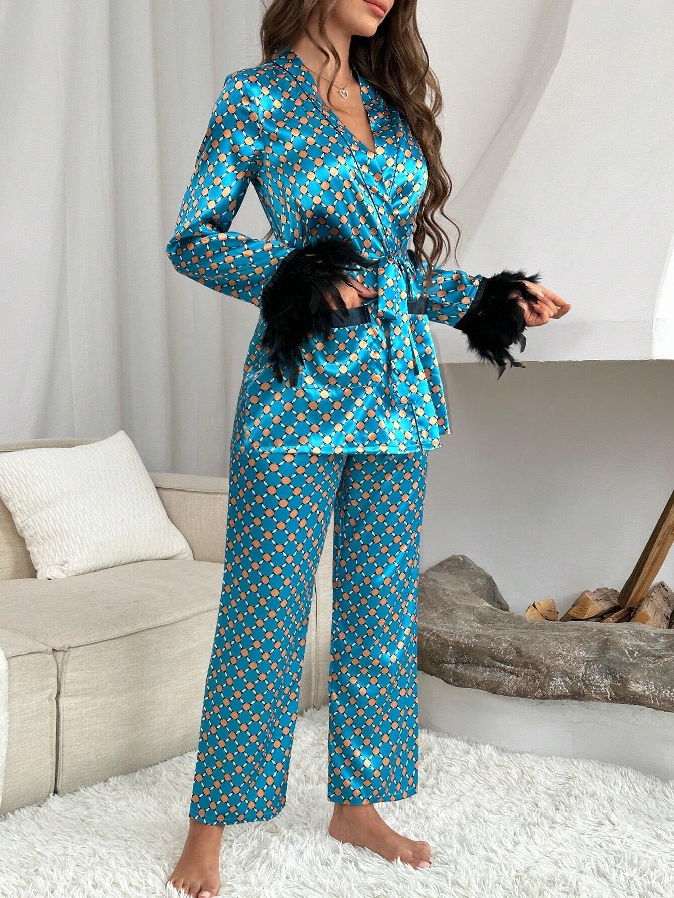 Allover Print Fuzzy Trim Belted Satin PJ Set