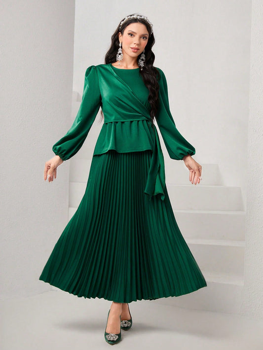 Modely Lantern Sleeve Pleated Hem Belted Dress Church Dress