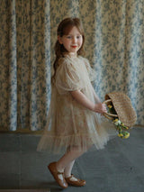 Young Girls' Vintage Floral Patchwork Mesh Bubble Sleeve Dress with Print, Casual Style