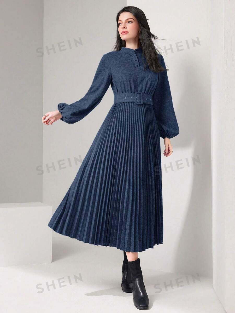 SHEIN Mulvari فستان نسائي بطيات وأكمام واسعة وأزرار