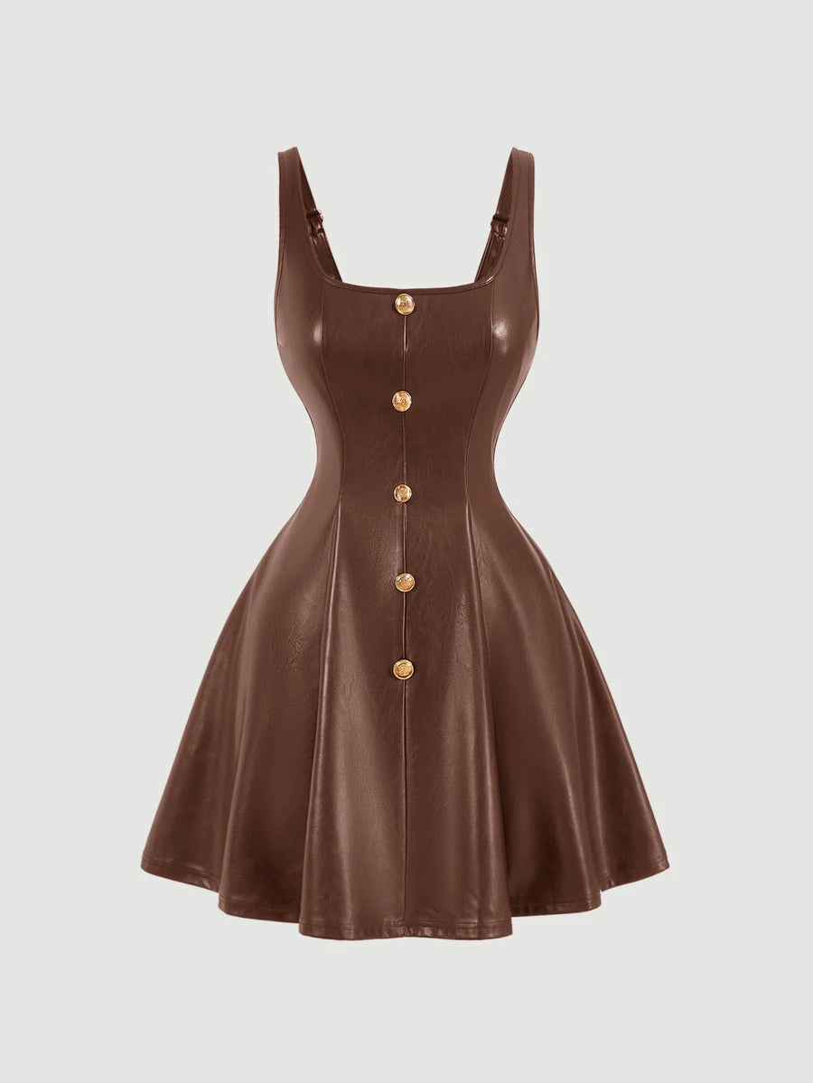 SHEIN MOD فستان قصير بني من جلد البولي يوريثان بإبزيم معدني أمامي