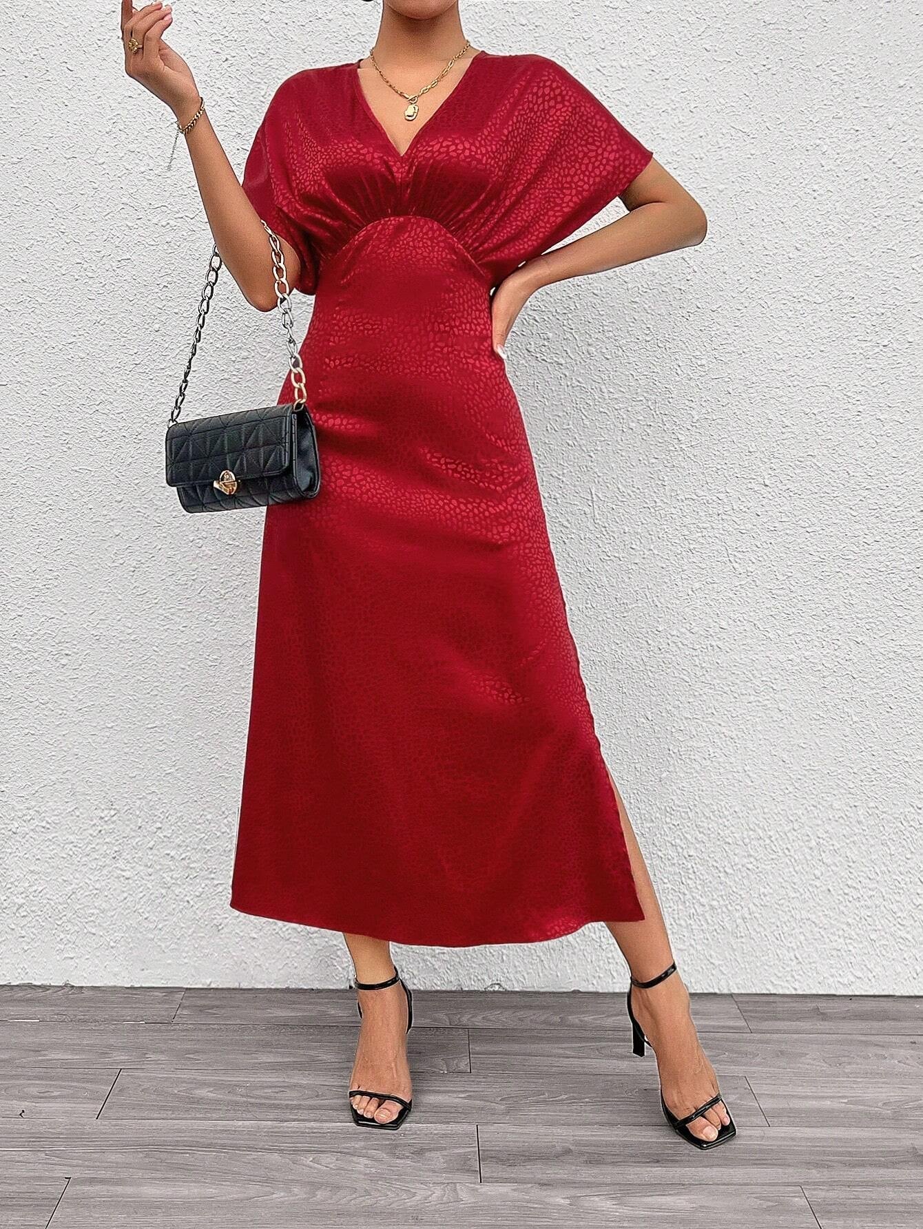 Privé Solid Color V-Neck Slit Dress