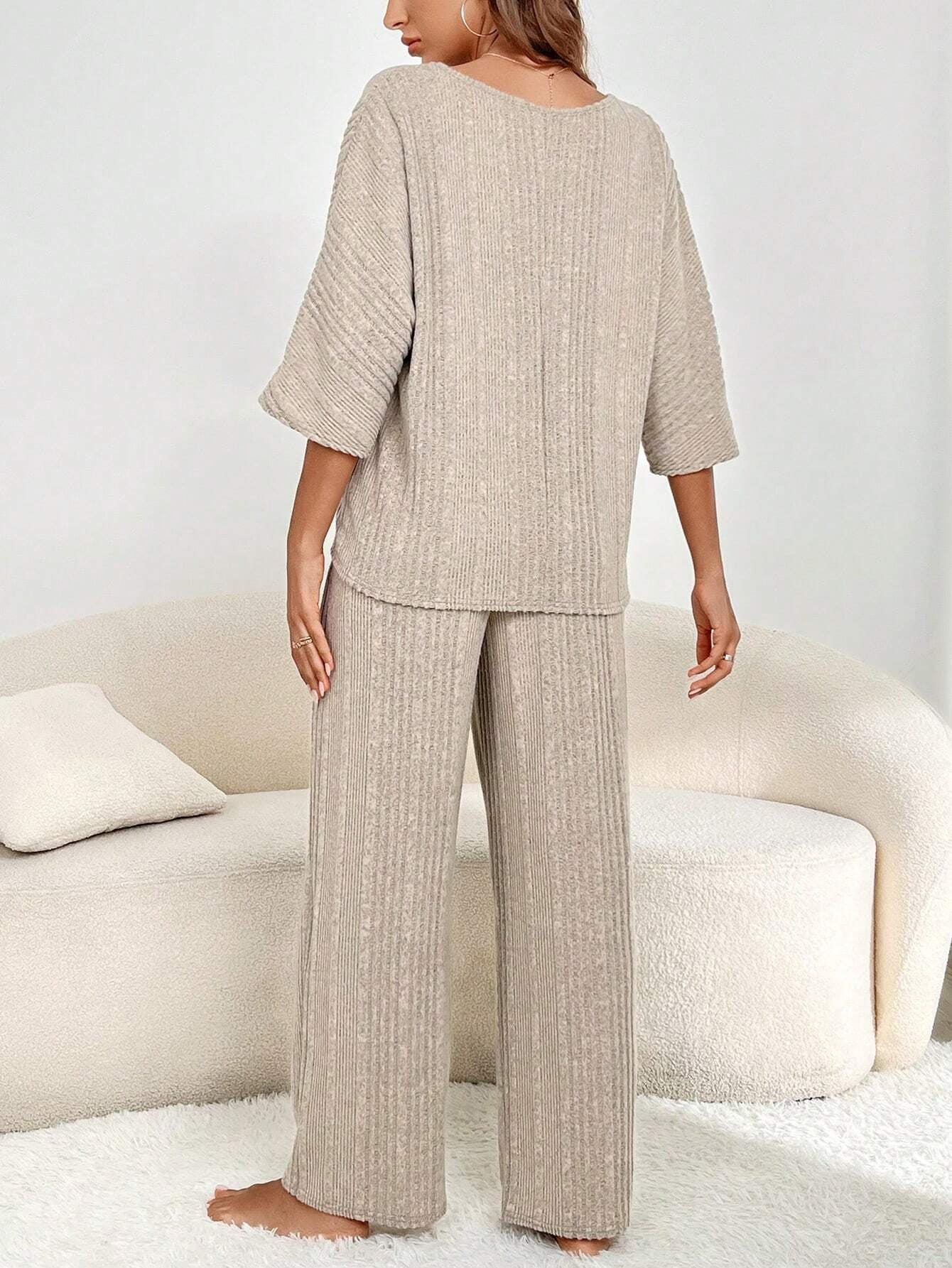 Solid Color Notched Collar Loose Fit Casual Home Wear Set