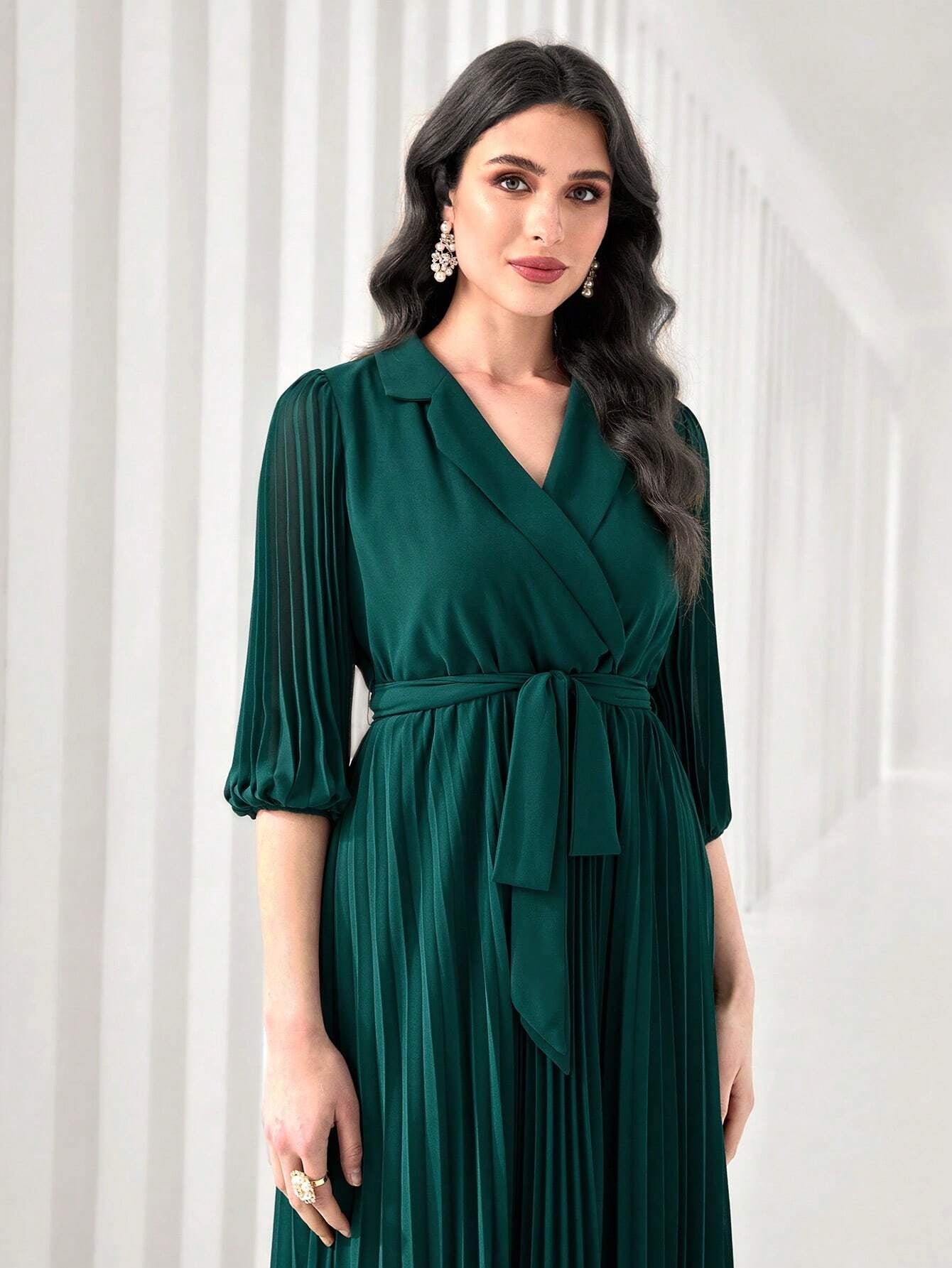 Modely Notch Neck Pleated Hem Belted Dress
