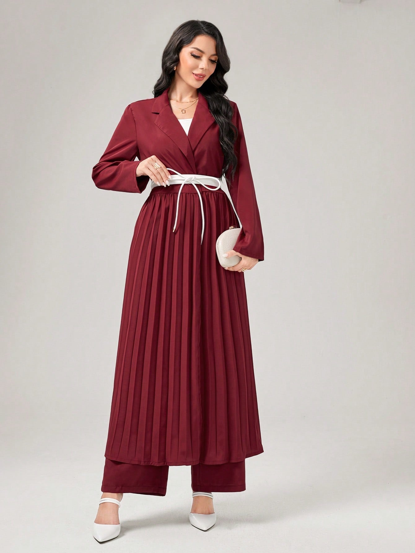 Najma Lapel Collar Pleated Abaya with Wide Leg Pants