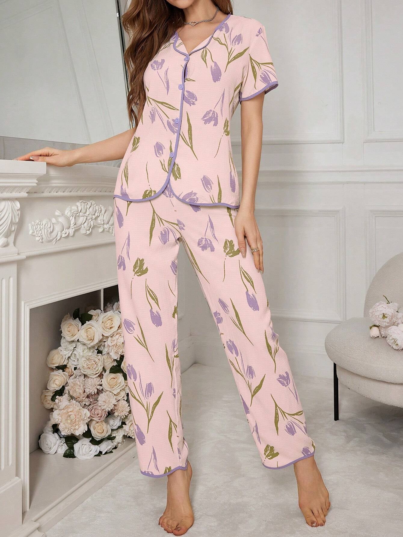 Floral Print Contrast-Edge Short Sleeve and Long Pants Pajama Set