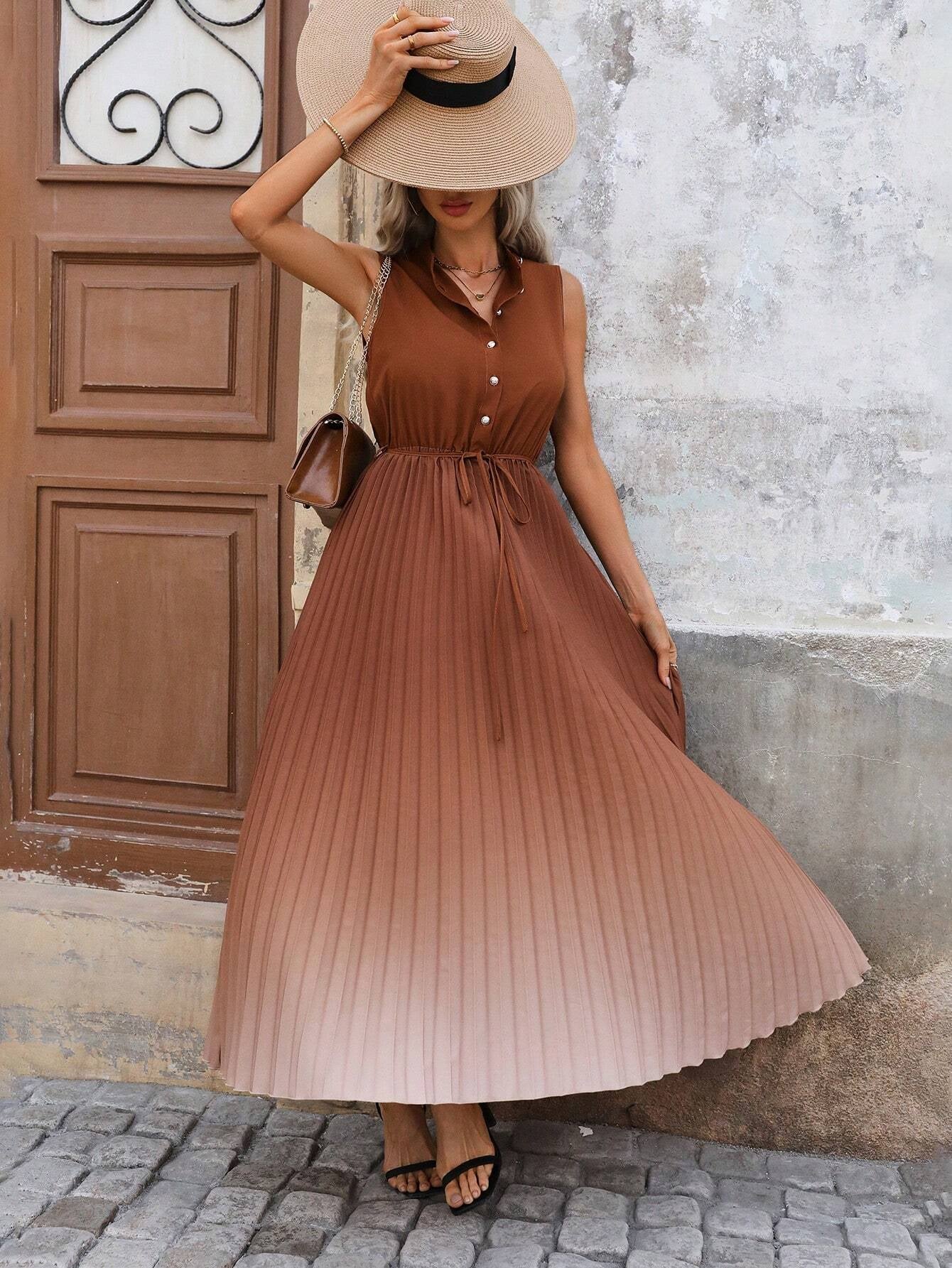 Clasi Gradient Pleated Sleeveless Shirt Dress without Waist Belt