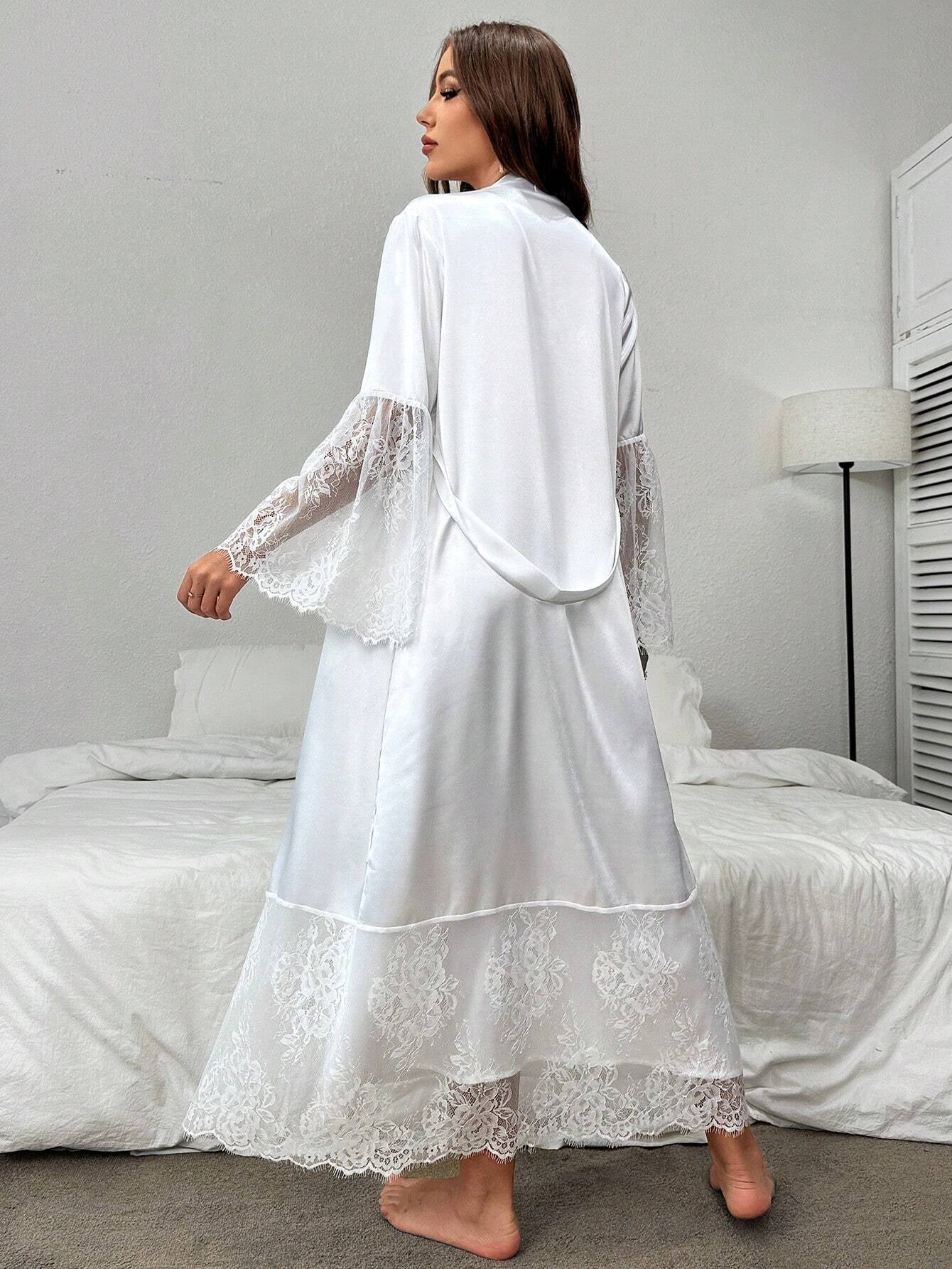 Backless Satin Cami Nightgown and Lace Bell Sleeve Robe Pajama Set