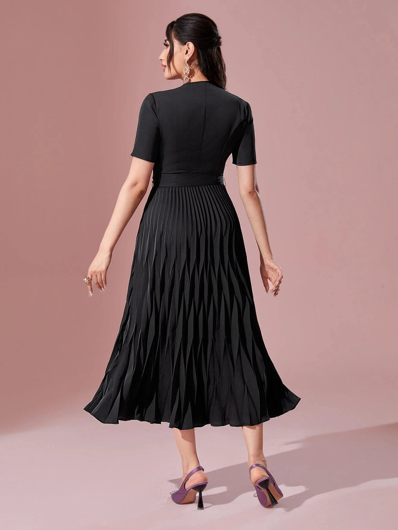 Modely Pearls Beaded Detail Belted Pleated Hem Dress