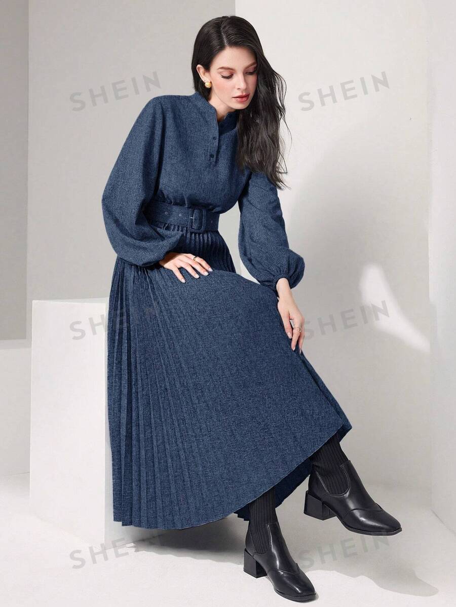 SHEIN Mulvari فستان نسائي بطيات وأكمام واسعة وأزرار
