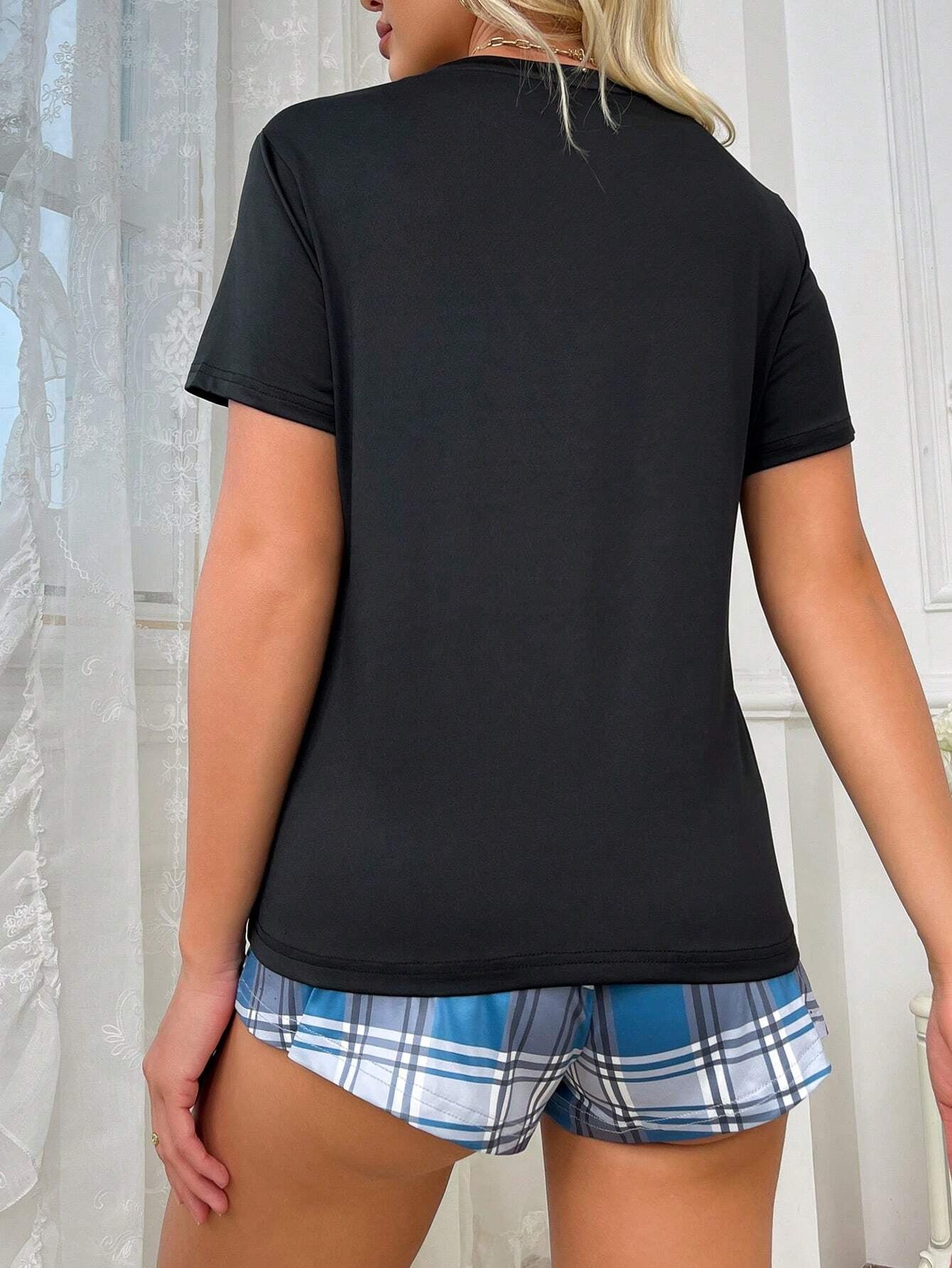 Women'S Summer Letter Printed round Neck Short Sleeve T-Shirt and Checkered Shorts Casual Home Outfit Set