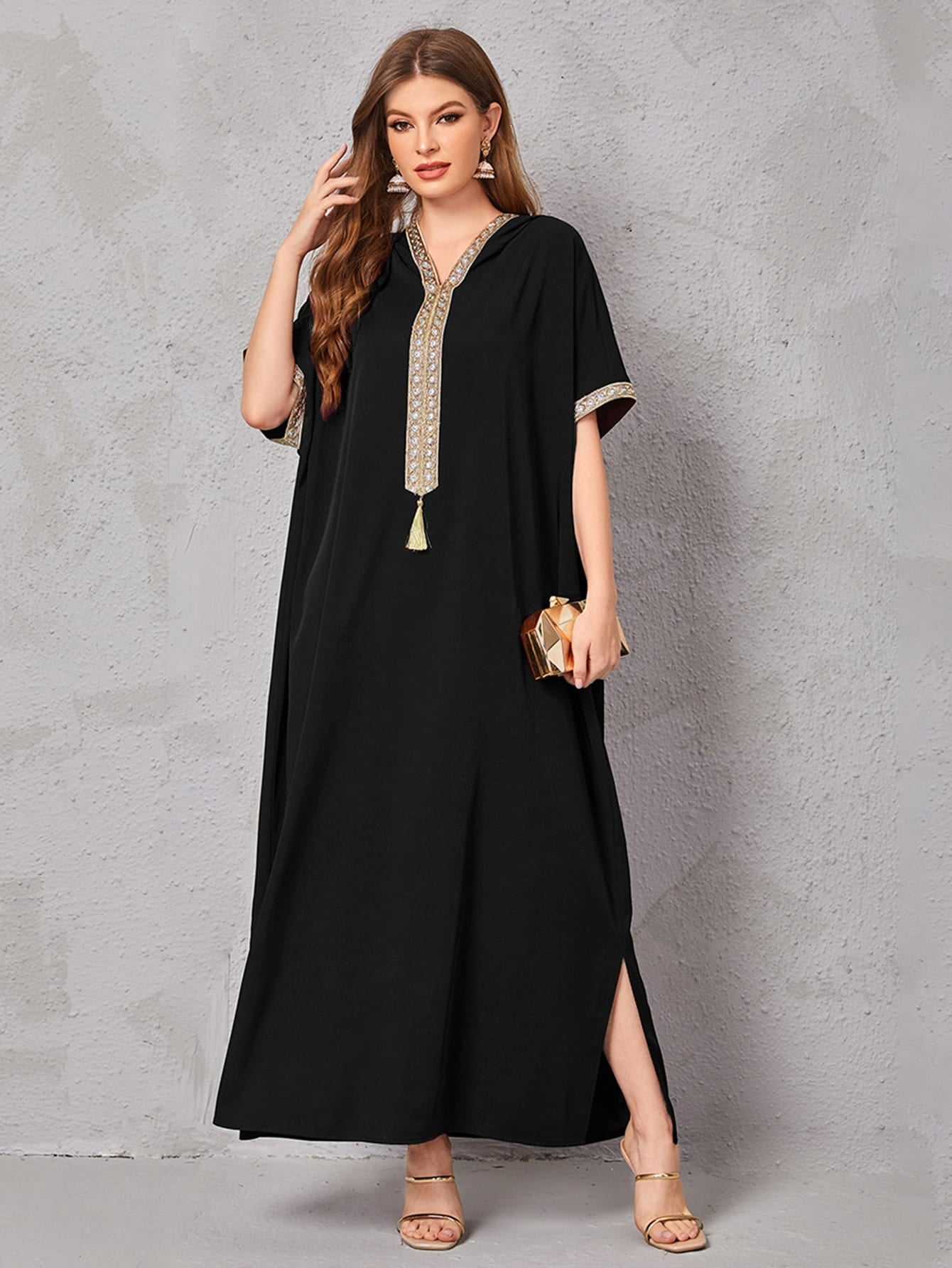Najma Contrast Embroidered Trim Split Hem Kaftan