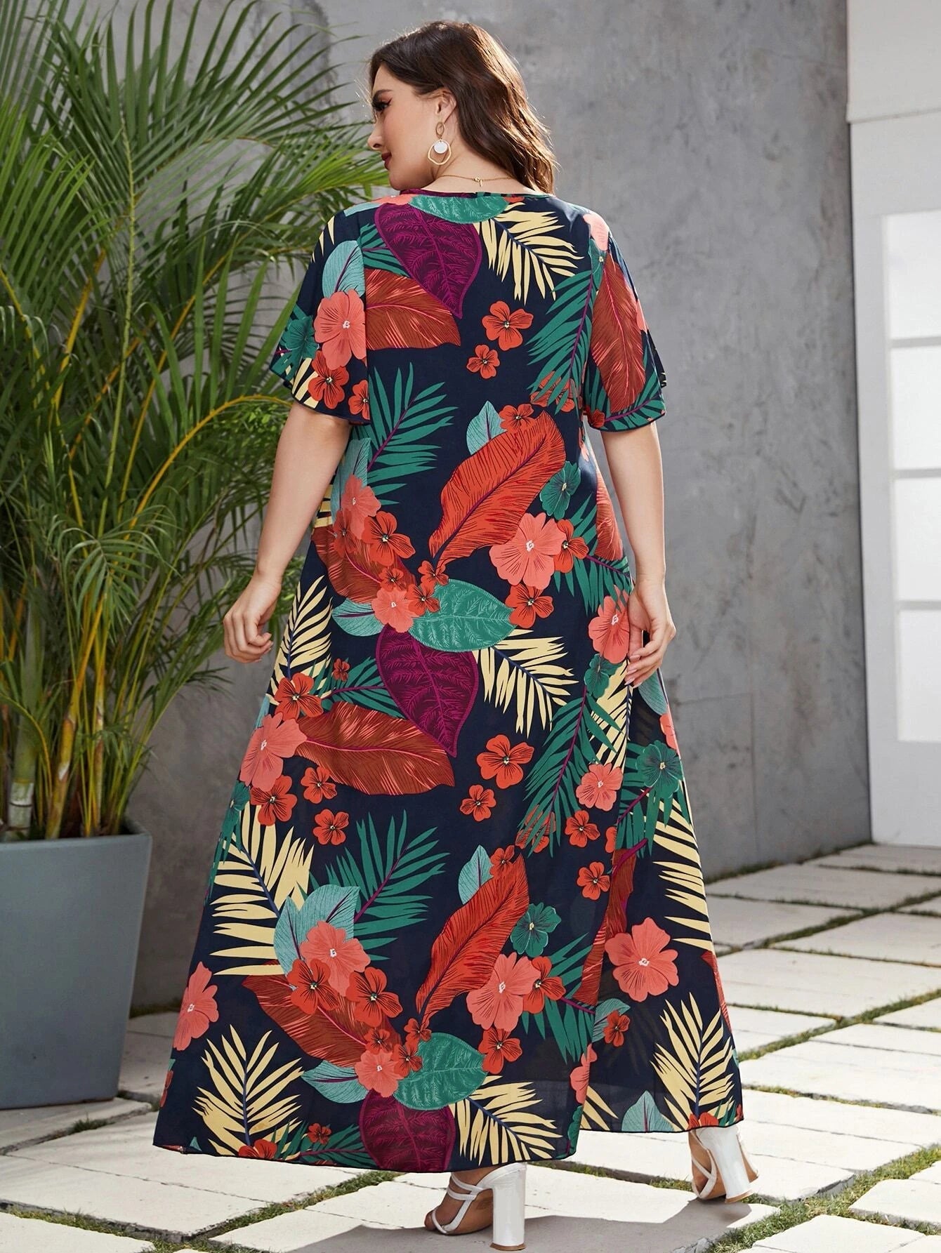 Mulvari plus Tropical Print Butterfly Sleeve Fake Button Dress