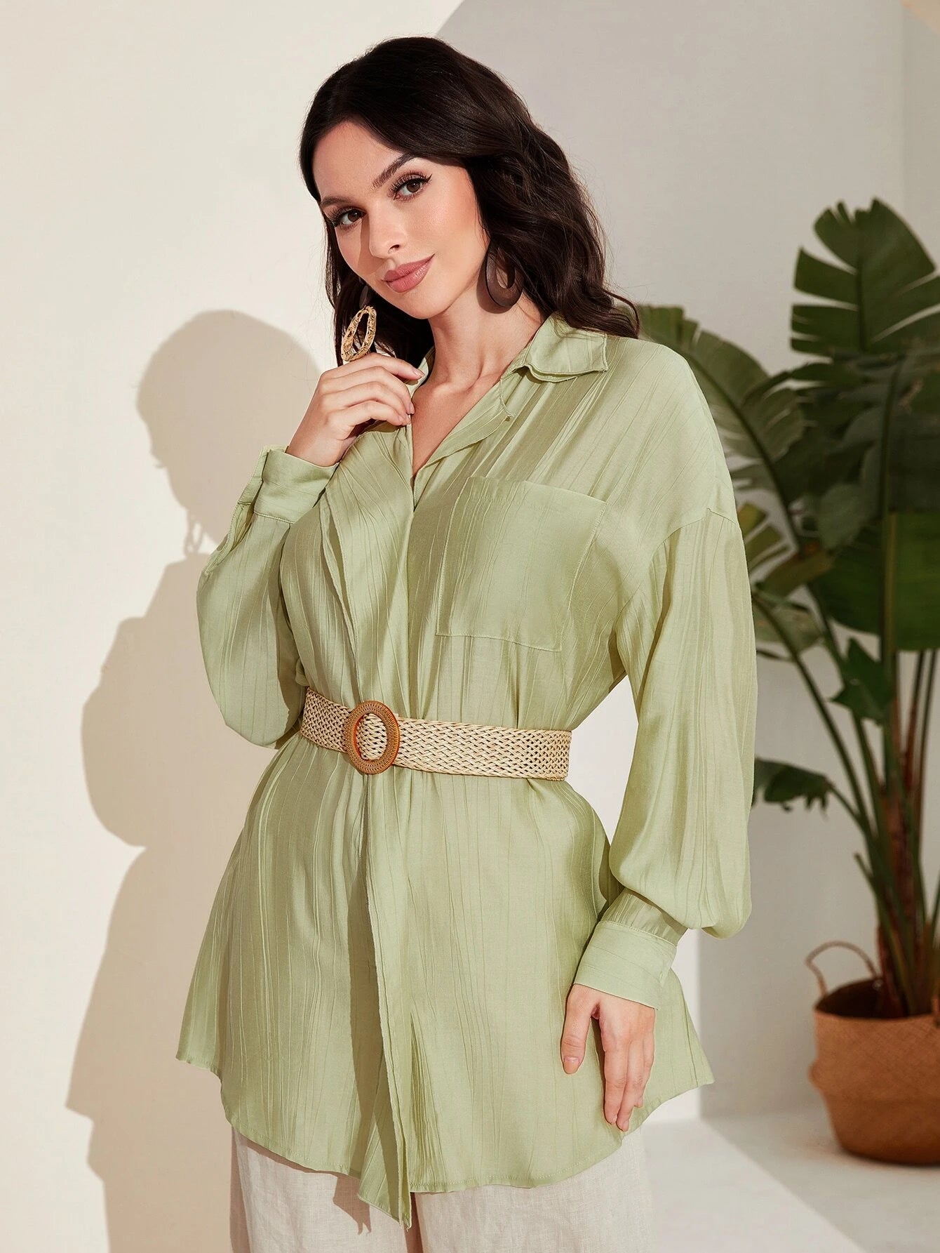 Mulvari Drop Shoulder Pocket Patched Blouse without Belt