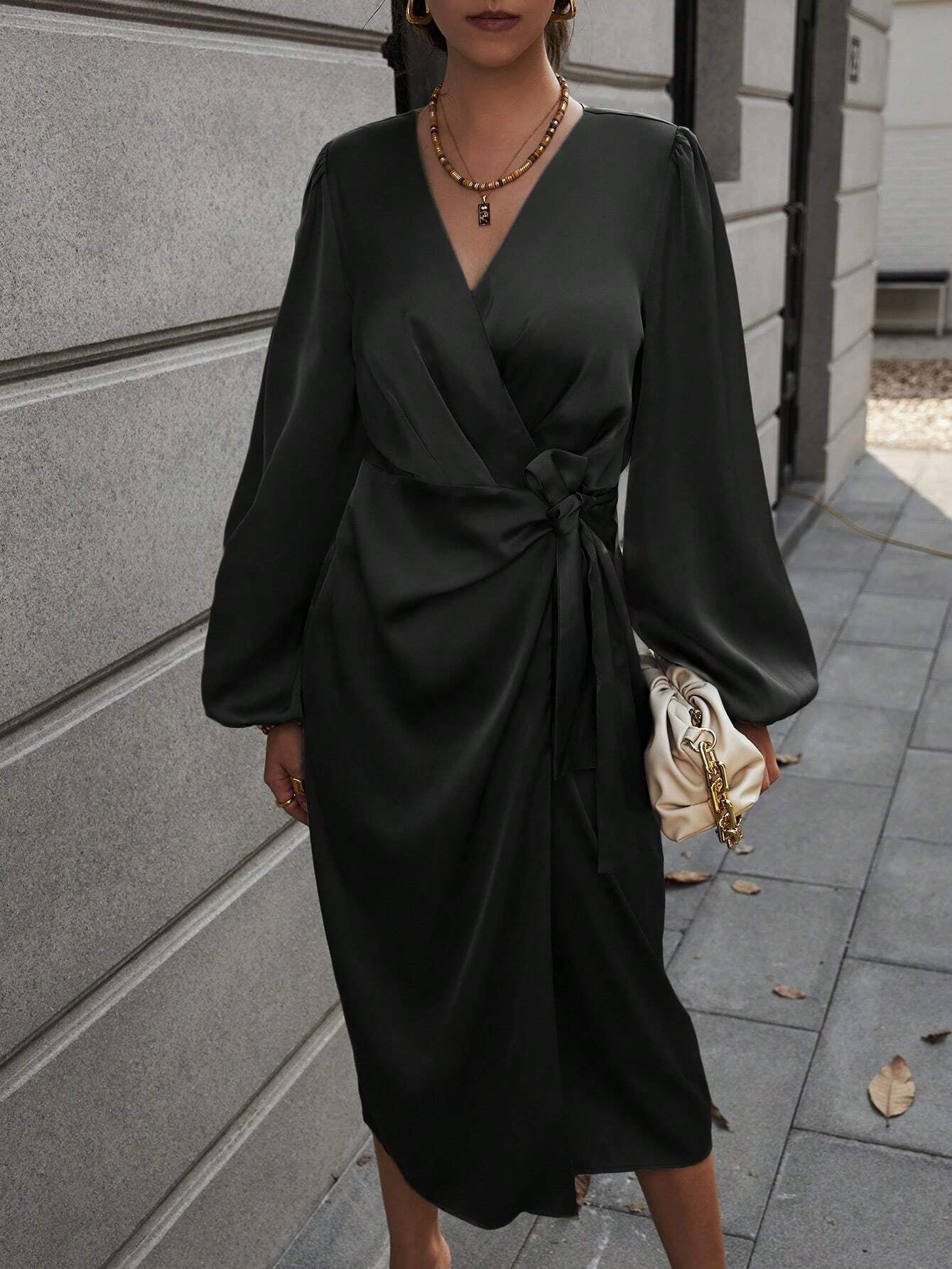 Clasi Lantern Sleeve Knot Side Wrap Satin Dress