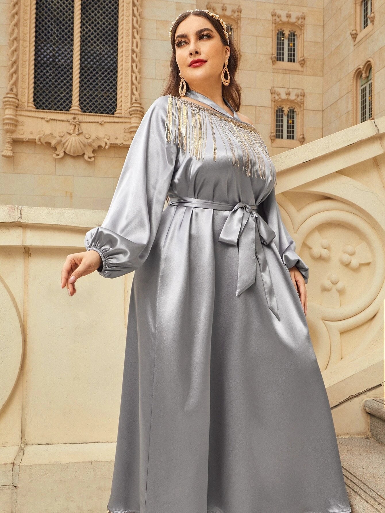 Najma plus Fringe Trim Lantern Sleeve Belted Satin Dress