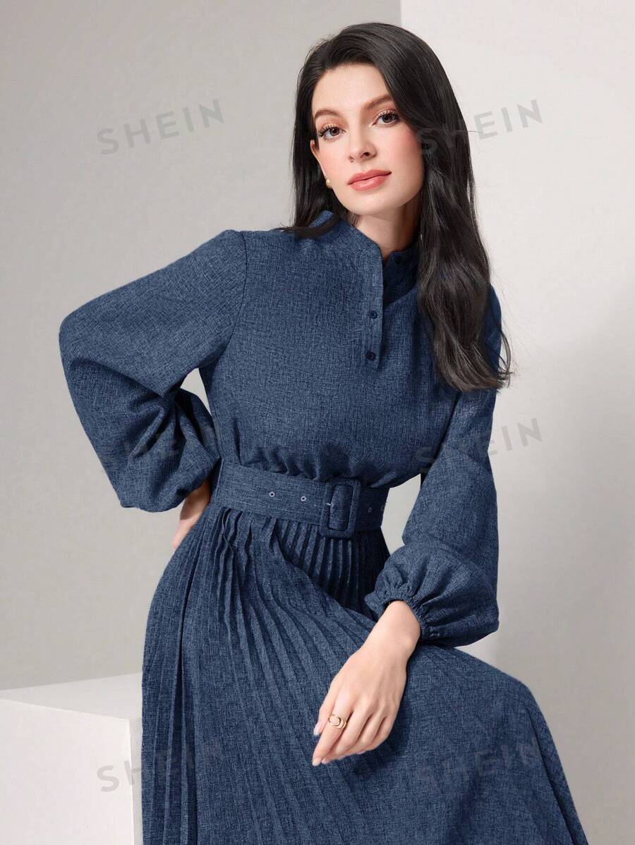 SHEIN Mulvari فستان نسائي بطيات وأكمام واسعة وأزرار