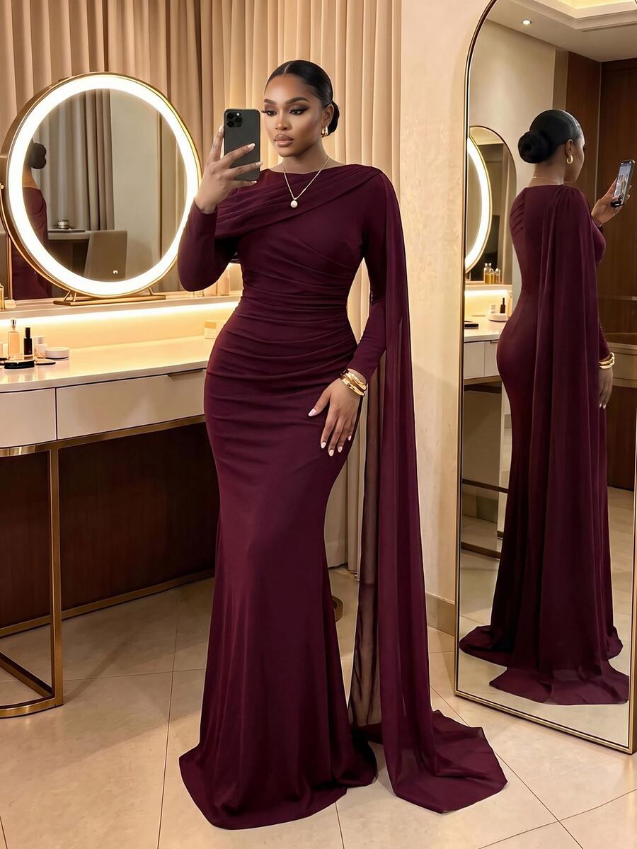 SHEIN Lady CURVE فستان سهرة عنابي للمقاسات الكبيرة بطيات وخصر محدد