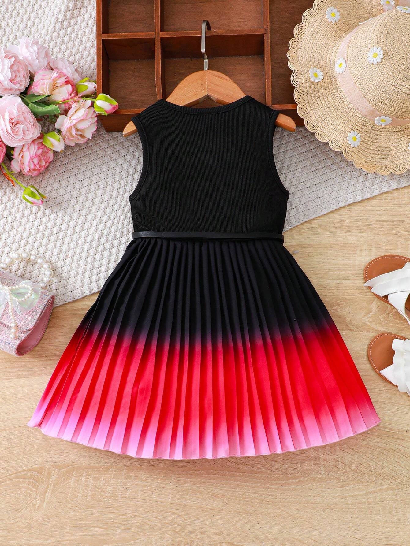 Young Girl Gradient Colorblock Pleated Hem Sleeveless Dress for Summer