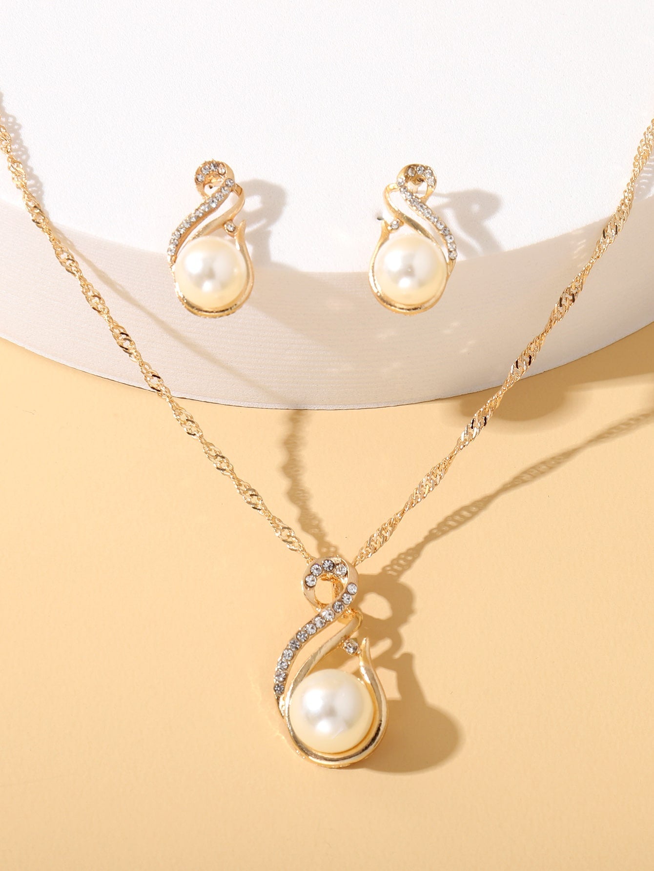 1Pc Charming Water Drop Shaped Rhinestone & Faux Pearl Pendant Necklace and 1Pair Earrings, Birthday/Festival Gift for Women