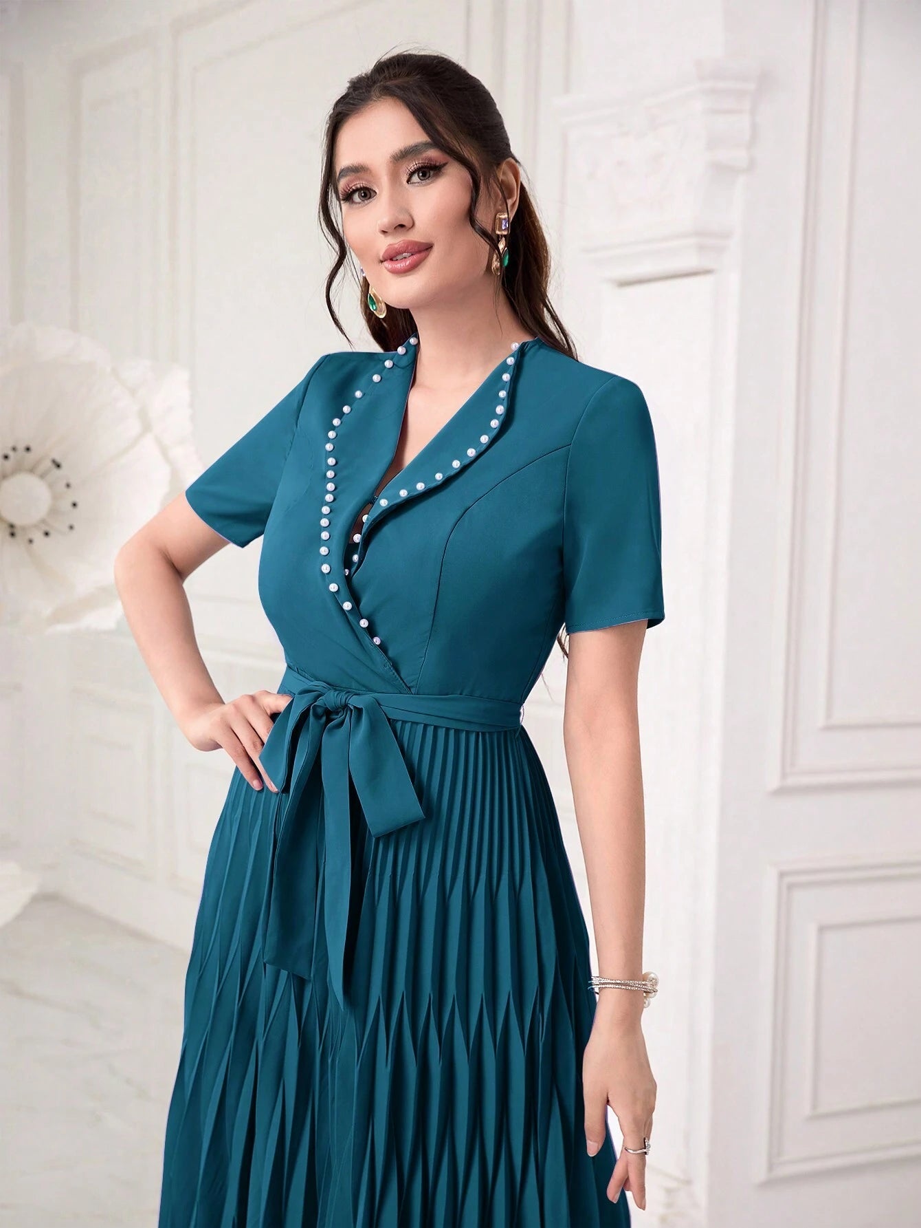 Modely Pearls Beaded Detail Belted Pleated Hem Dress