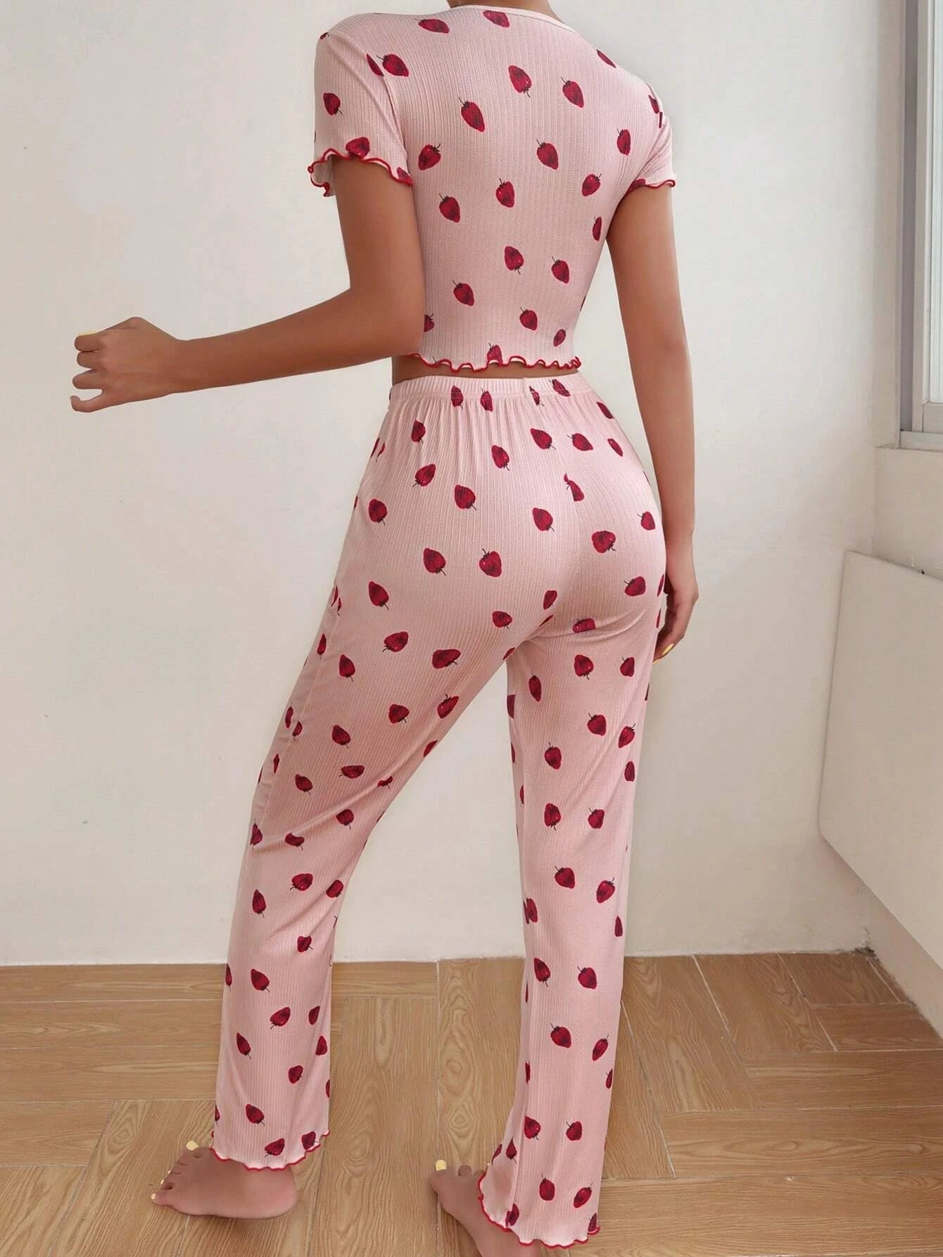 Strawberry Print Lettuce Trim PJ Set
