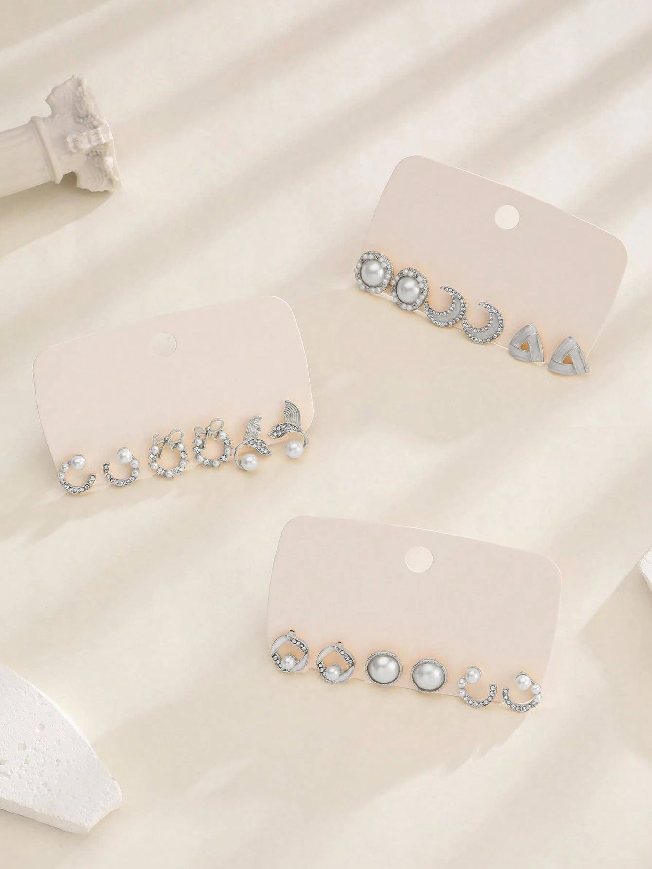 9Pairs/Set Fashionable Zinc Alloy Rhinestone Moon & Faux Pearl Decor Stud Earrings for Women for Daily Decoration