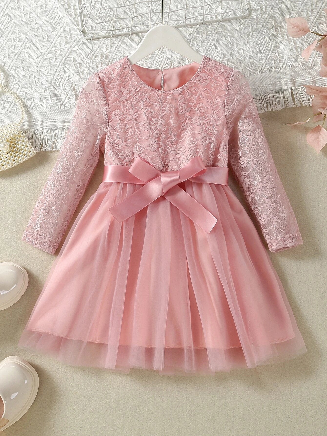 Young Girl Contrast Lace Belted Dress