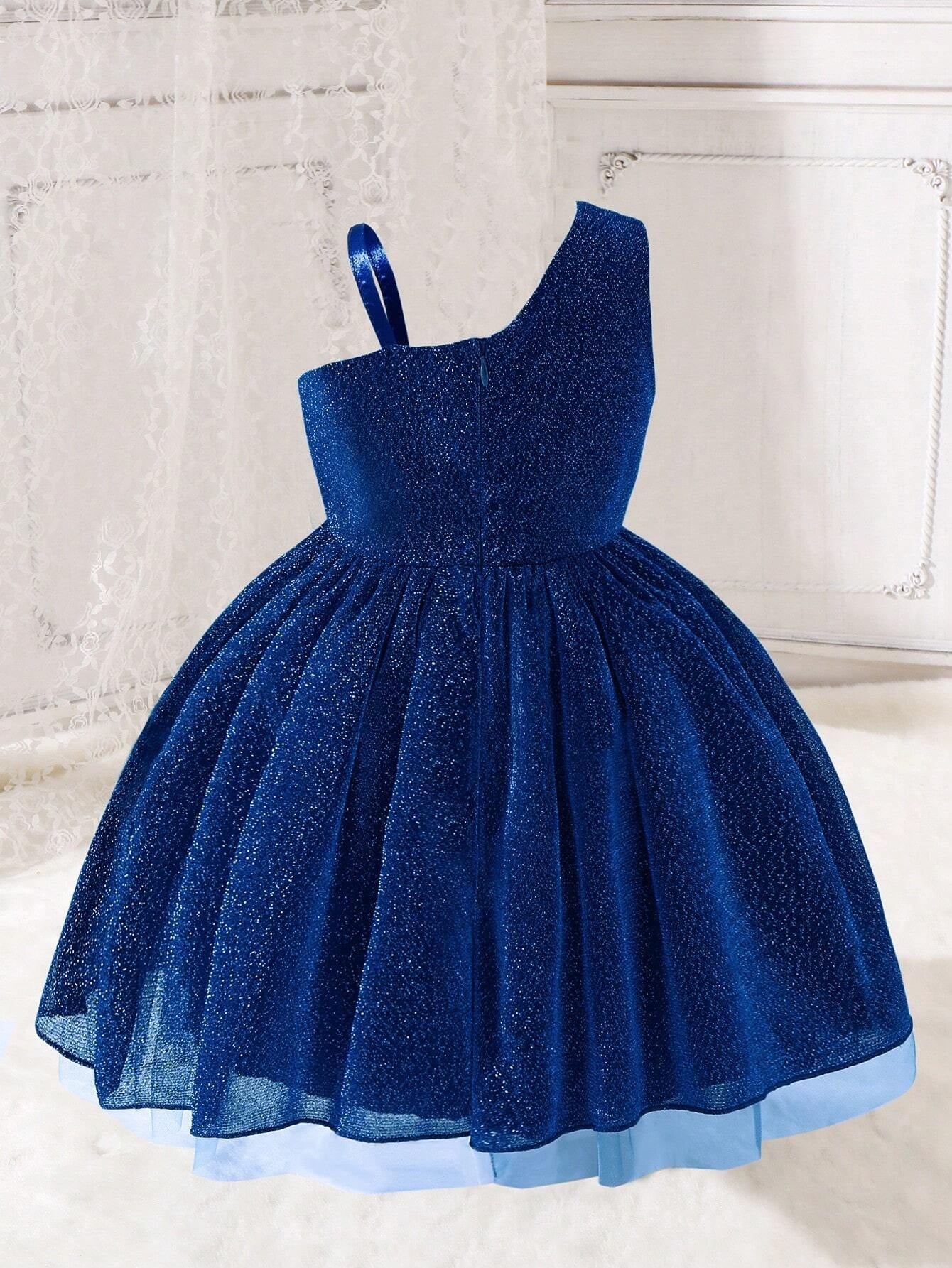 Young Girl Asymmetrical Collar Princess Style Tulle Dress with Ribbon Decor, Perfect for Parties