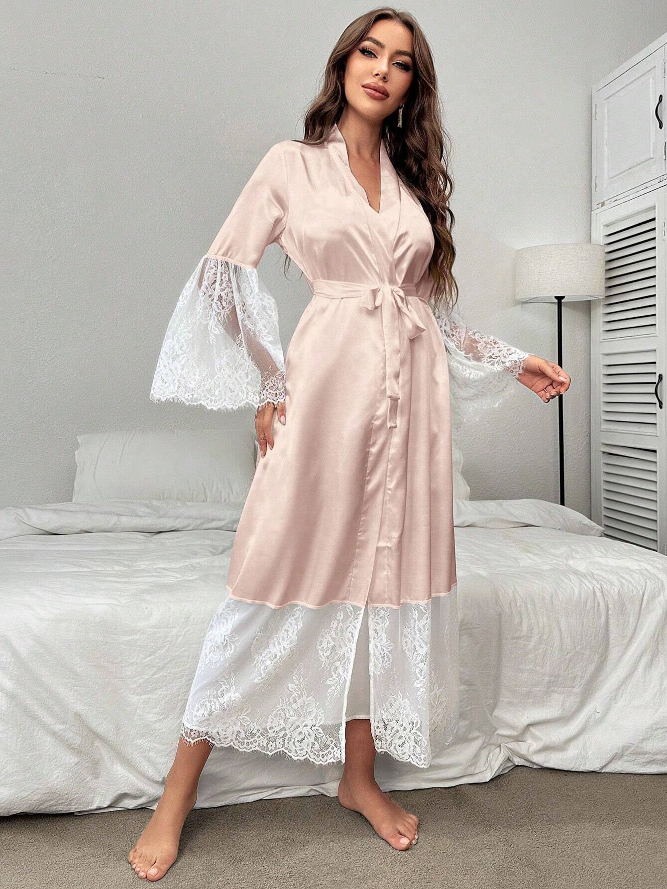 Backless Satin Cami Nightgown and Lace Bell Sleeve Robe Pajama Set