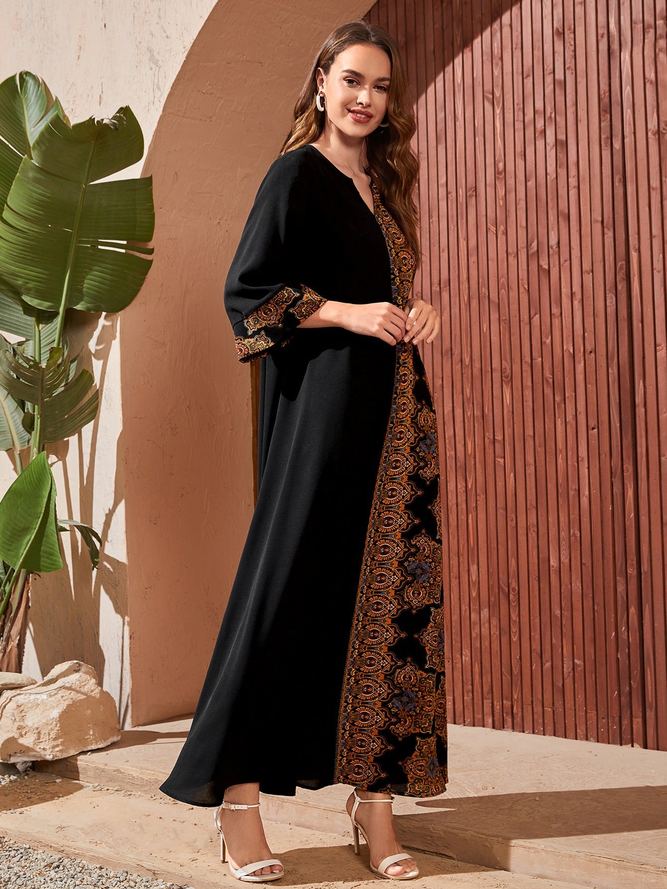 Najma Graphic Print Panel Notch Neck Tent Dress
