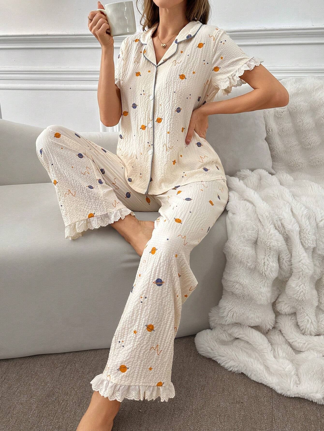 Fun Planet Print Outfit with Stitched Collar and Frill Trim Short Sleeve Top and Long Pants