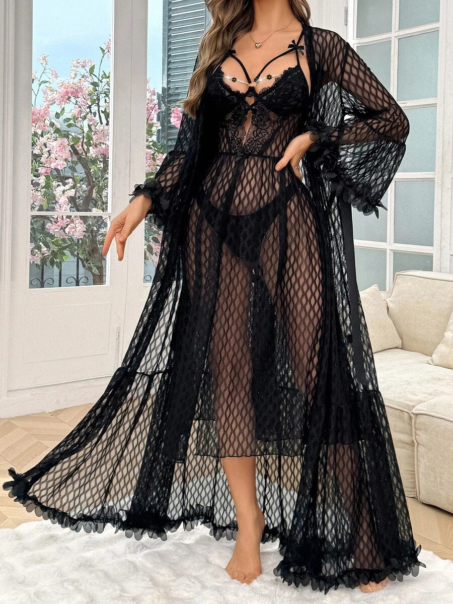 SHEIN Slumberist طقم قطعتين روب شبكي مطرز بالزهور وقميص نوم