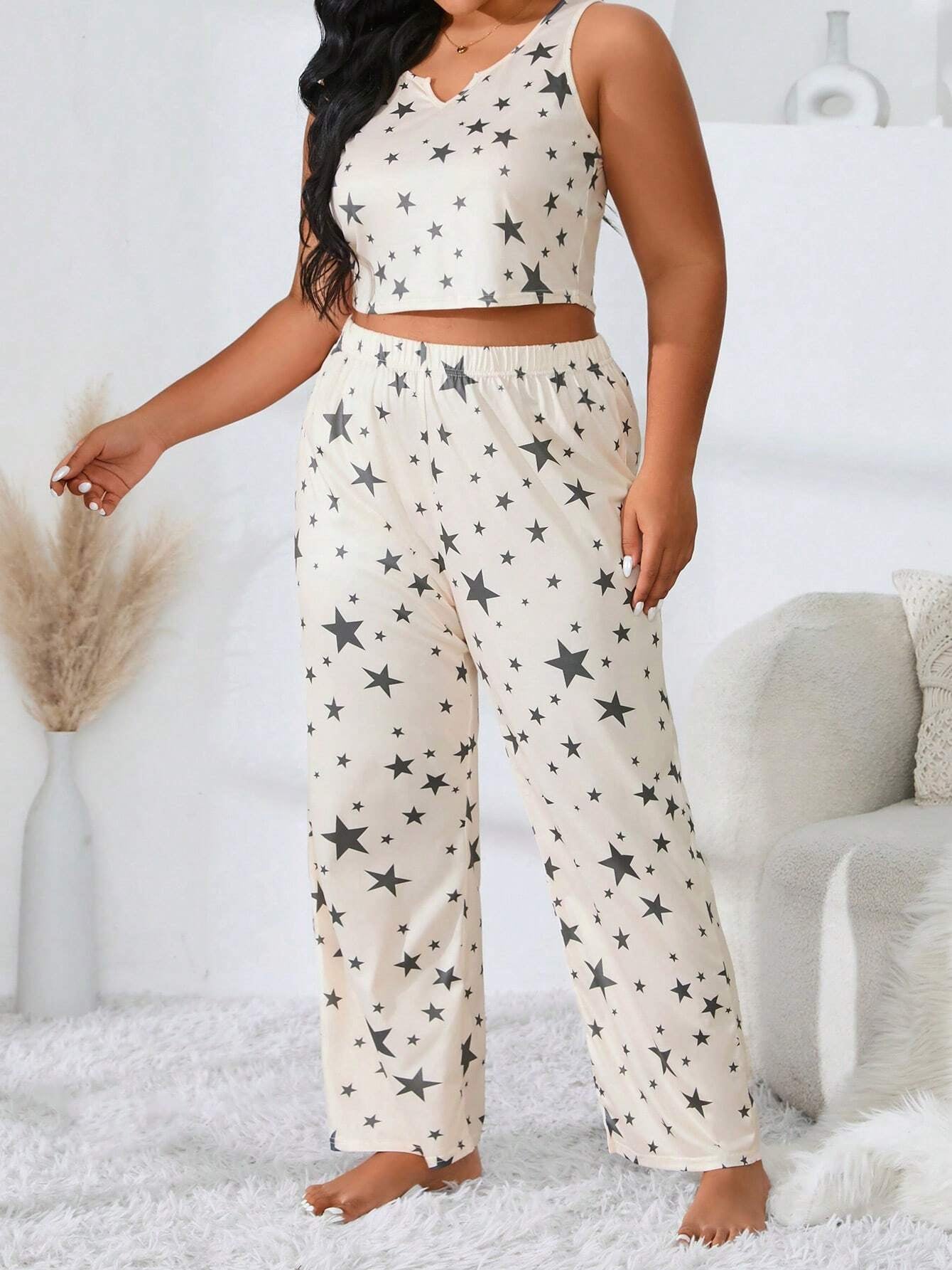Plus Size Women'S Star Print Tank Top and Shorts Pajama Set