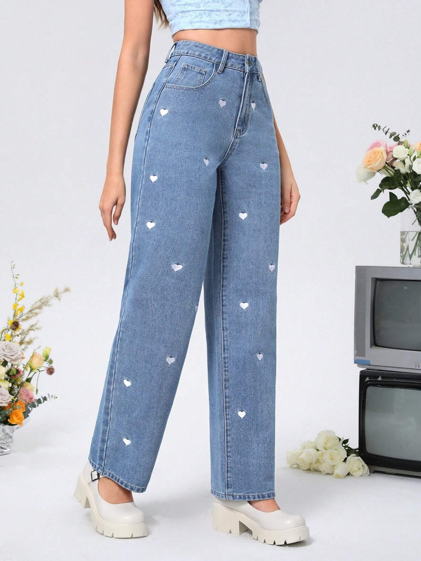 MOD Women'S Straight Leg Heart Print Jeans