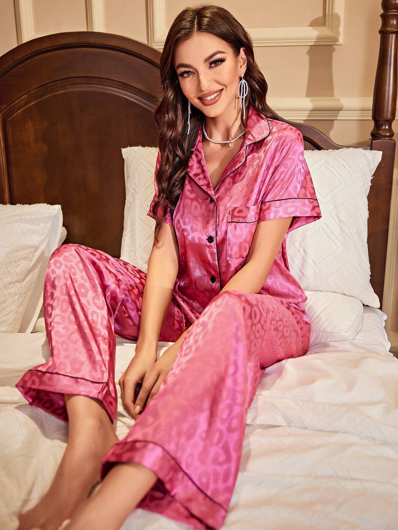 Color Block Leopard Print Jacquard Satin Pyjama Set with Rolled Hem