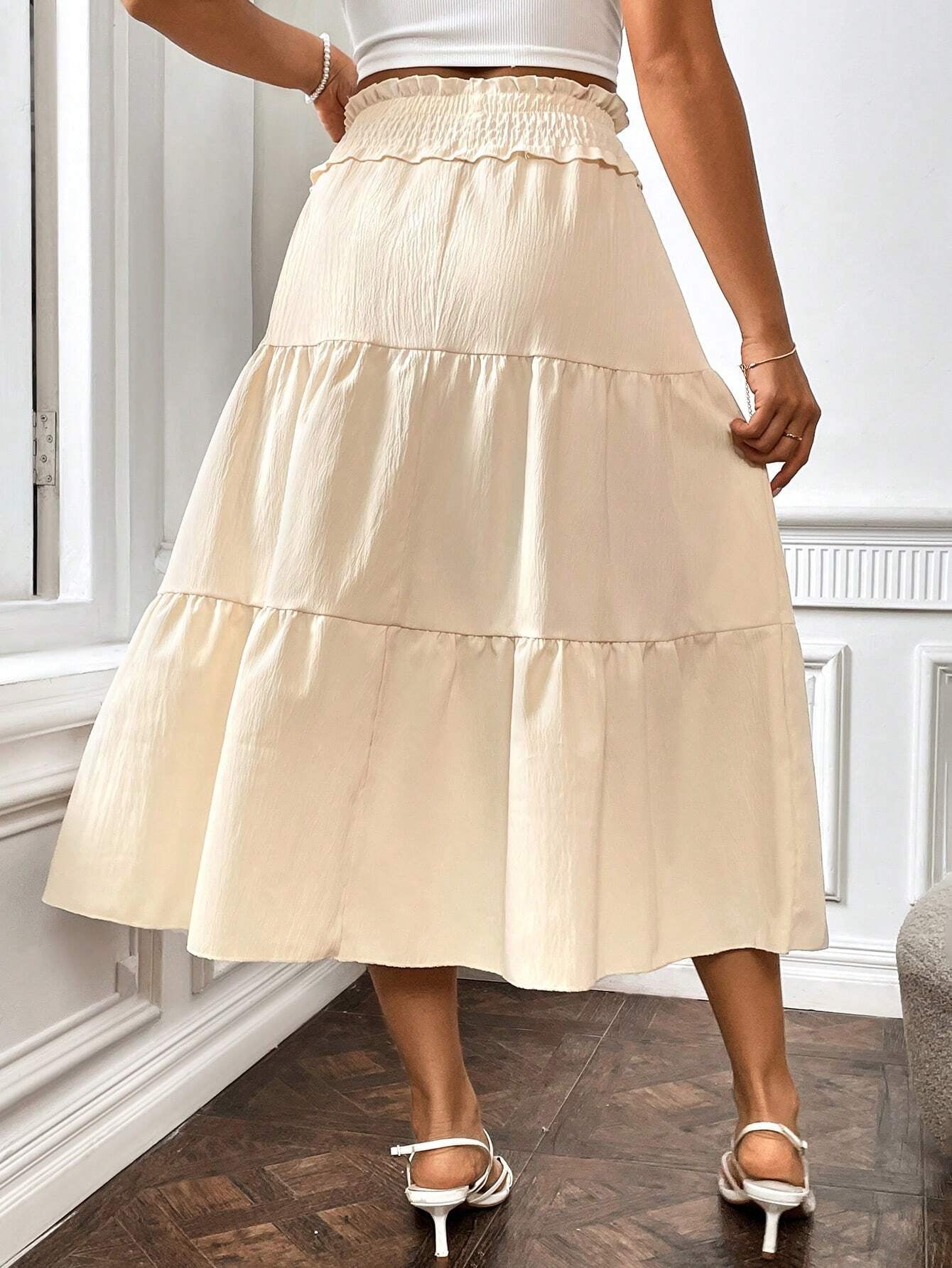 Ezwear Solid Colored Paper Bag Waist Midi Skirt