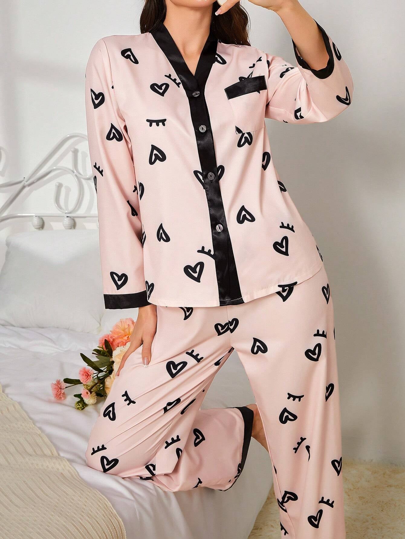 Women'S Eyelash & Heart Print Pajama Set