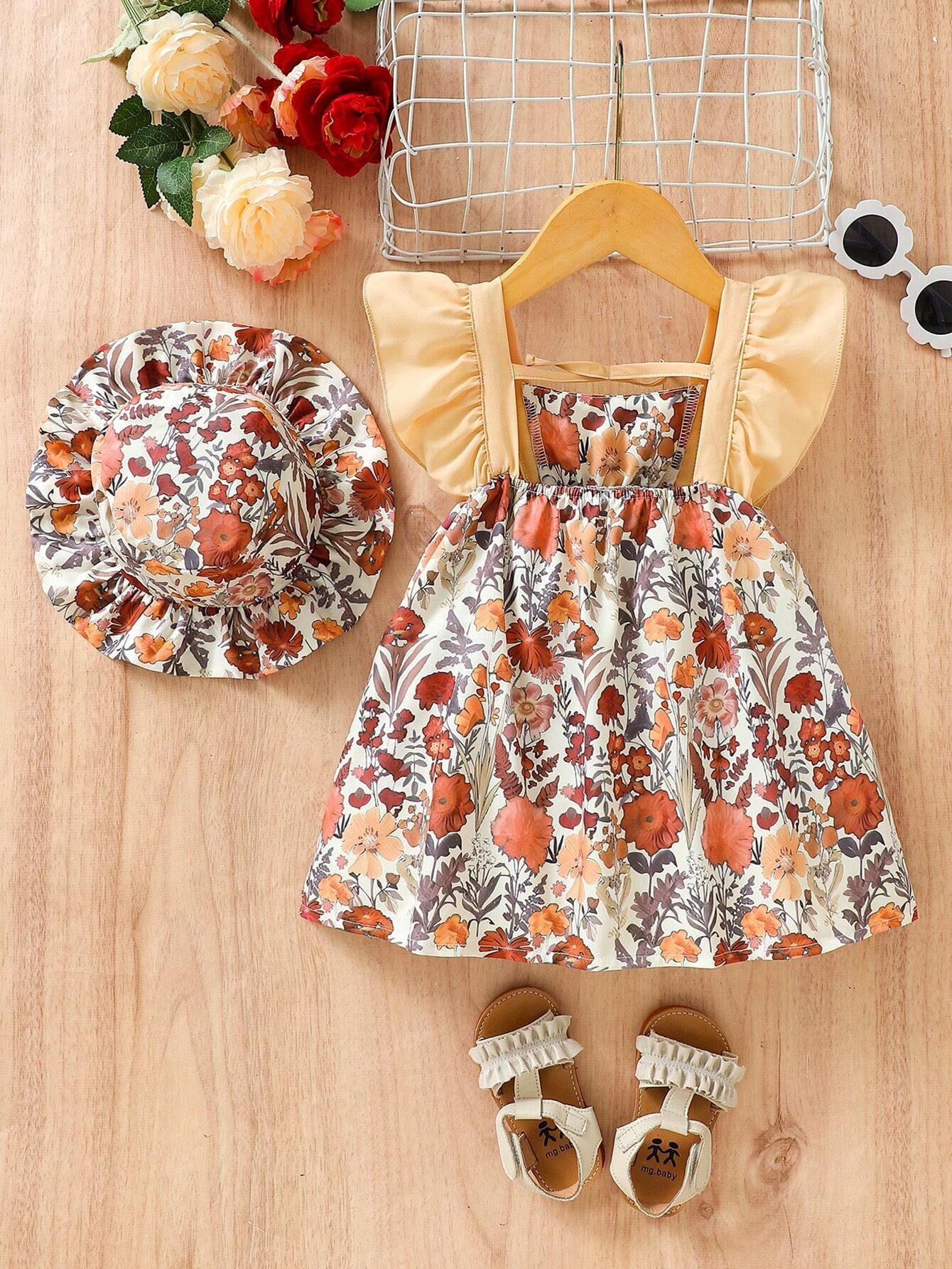 Baby Girl Floral Print Ruffle Trim Dress with Hat