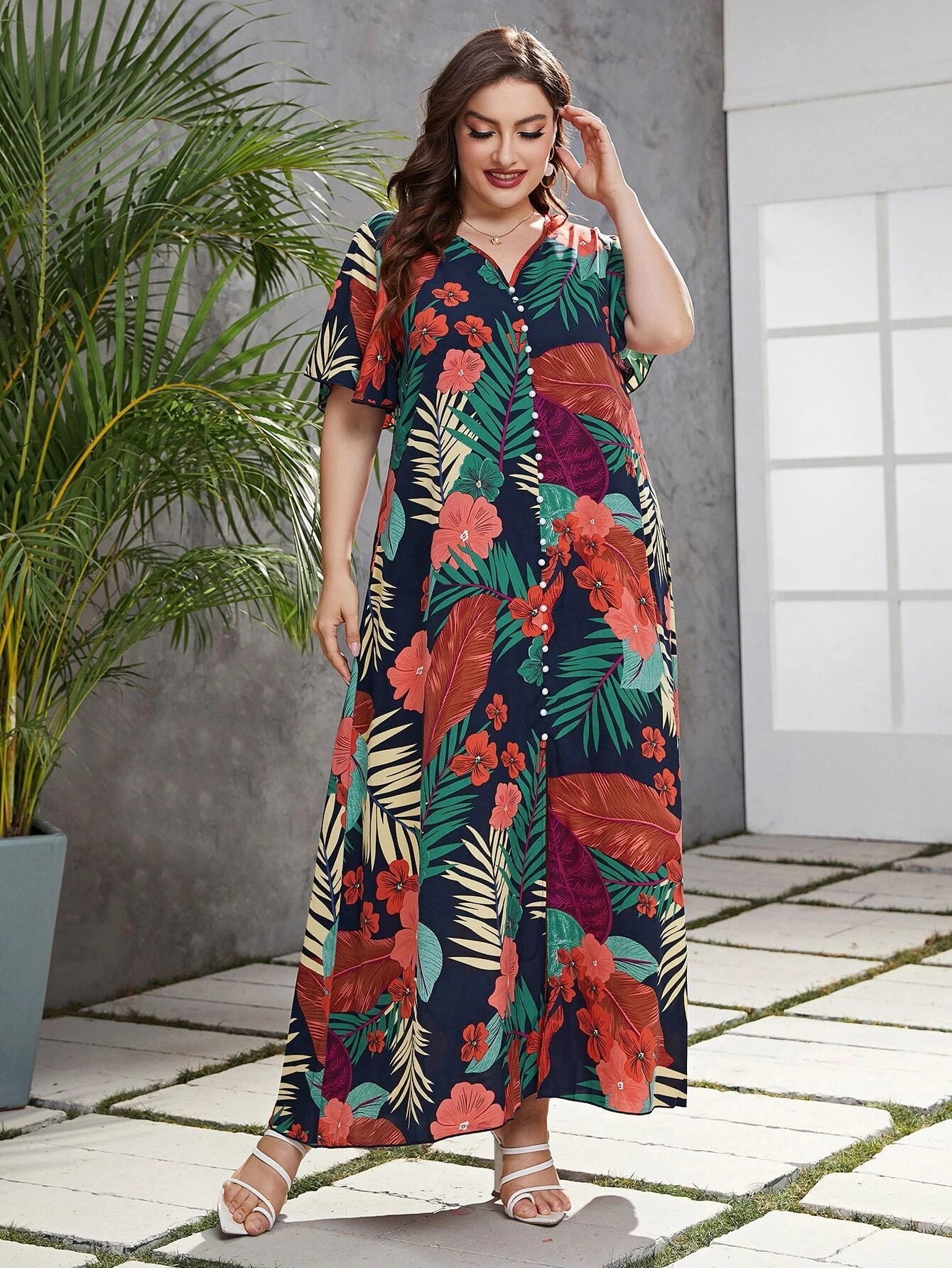 Mulvari plus Tropical Print Butterfly Sleeve Fake Button Dress