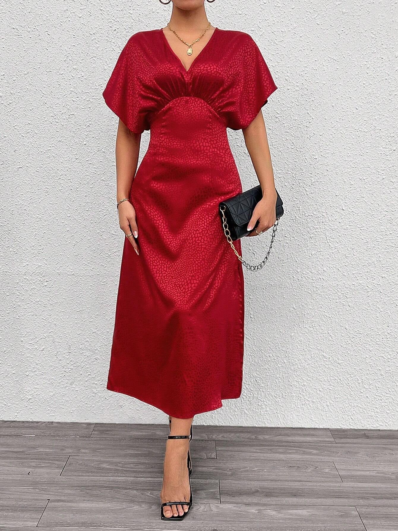 Privé Solid Color V-Neck Slit Dress