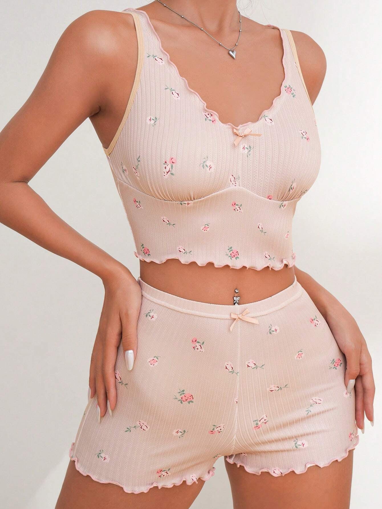 Floral Print Lettuce Trim Bow Front PJ Set