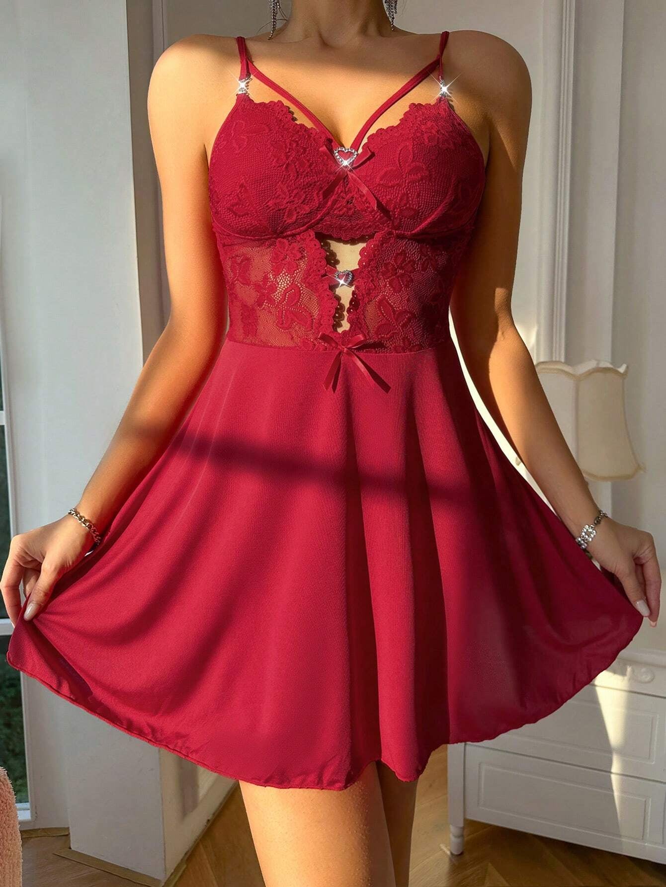 Women'S Lace Bowknot Hollow Out Sleep Dress