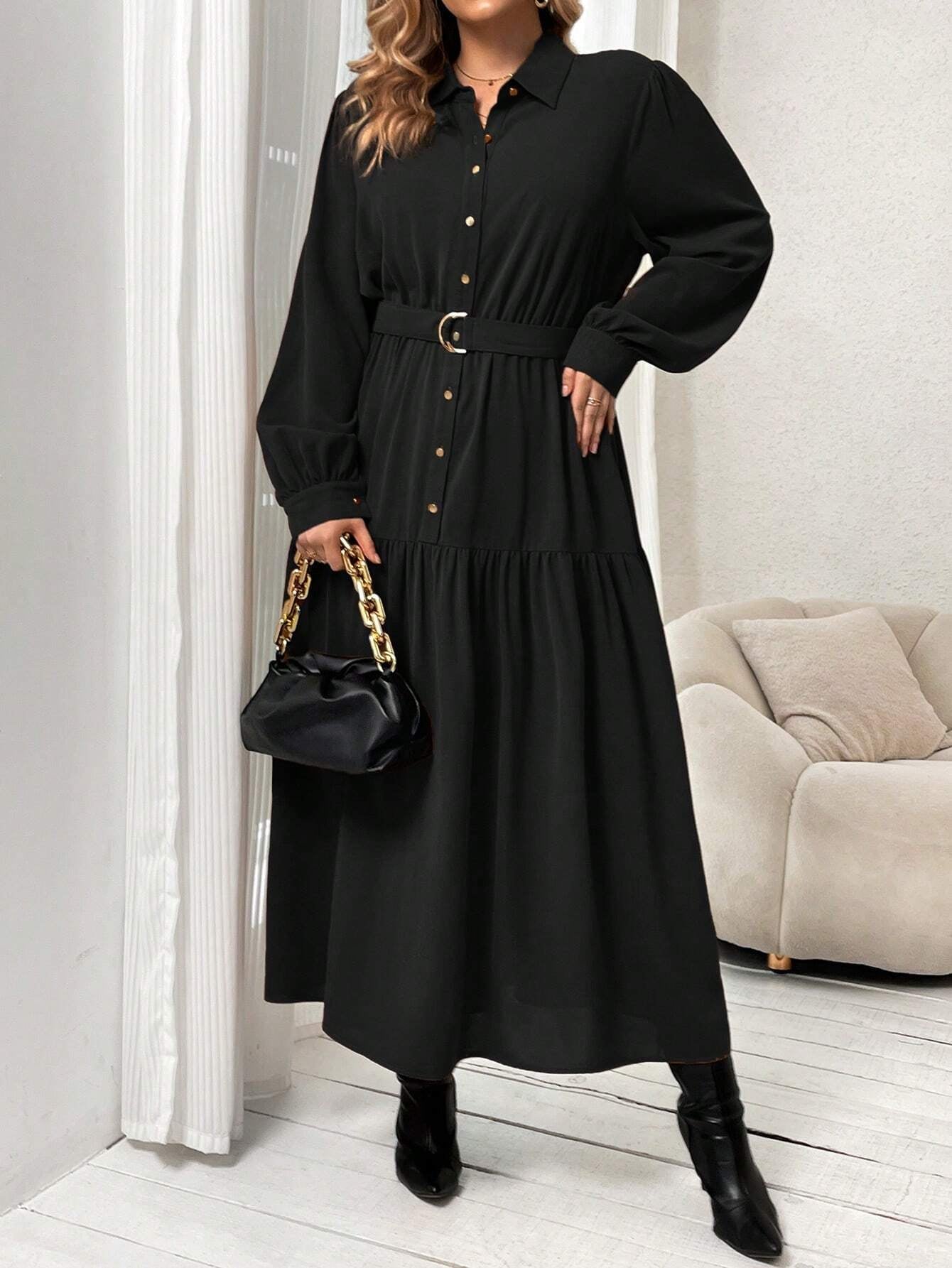 Frenchy plus Lantern Sleeve Ruffle Hem Belted Shirt Dress