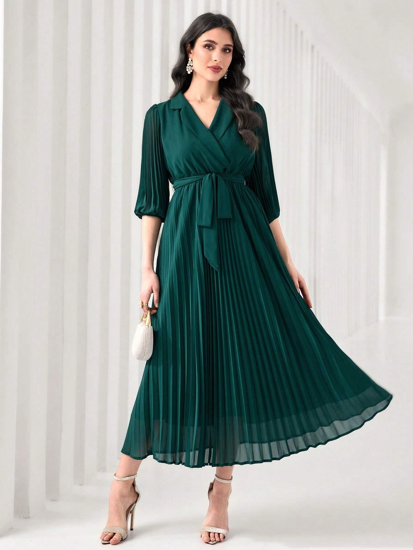 Modely Notch Neck Pleated Hem Belted Dress