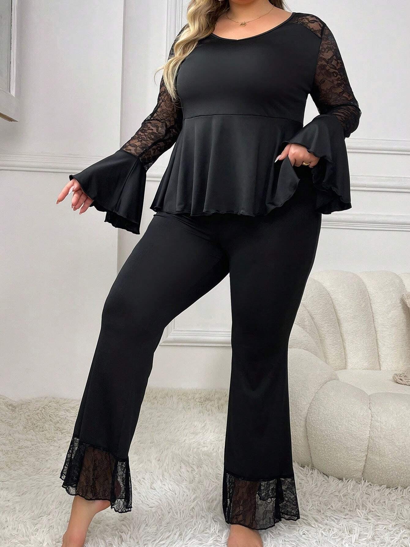 Lace Patchwork Drawstring Waist Long Sleeve Top with Bell Bottom Pants, plus Size Women'S Pajama Set